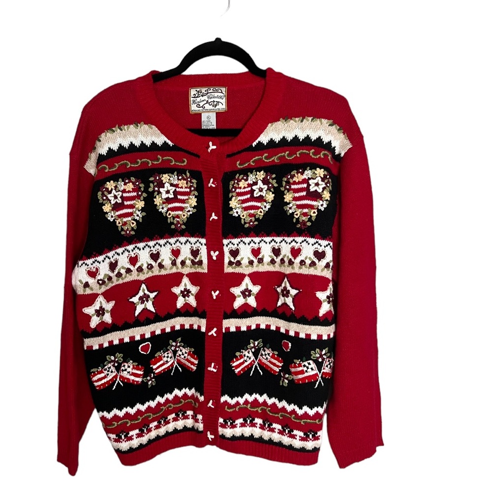 Heirloom Collectibles Women’s Cardigan Red‎ Black Patriotic Embroidered Size XL